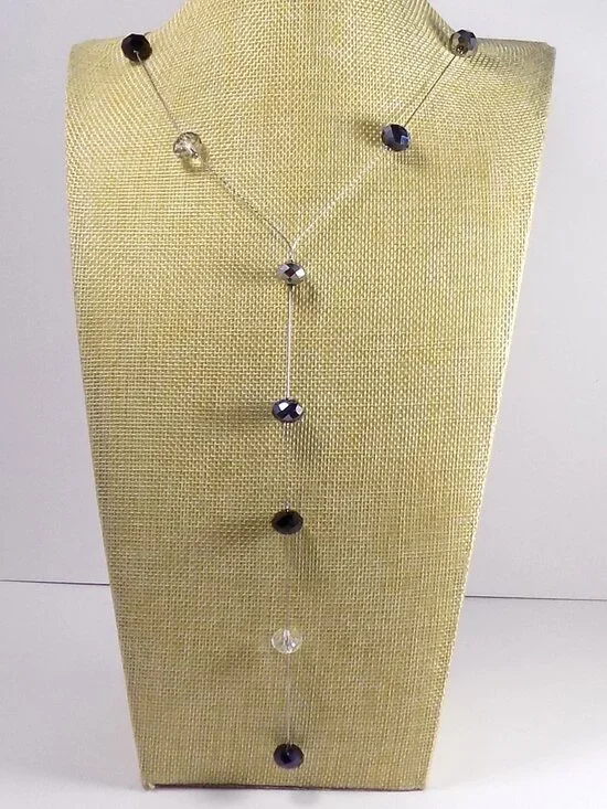Ali-Khan New York Y Drop Necklace Silver-tone Long 34" Faceted Crystal Beads - Picture 2 of 8